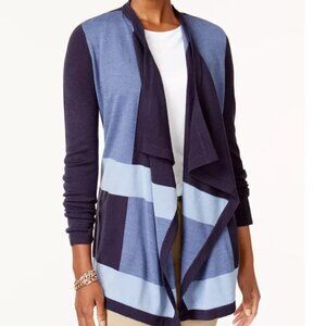 Karen Scott Blue Colorblock Cascade Open Front Cardigan - EUC